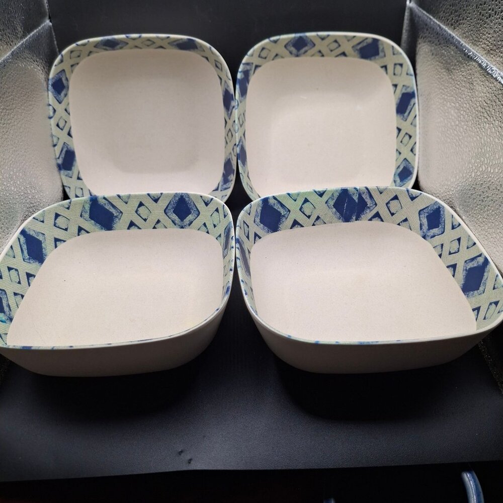 Patina Vie Melamine Set Of 4 Square Bowls Blue  White Pattern Dishwasher Safe